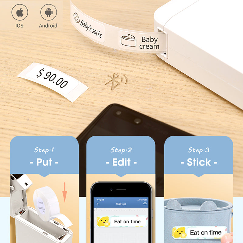 Mini Bluetooth Thermal Label Printer – Portable Sticker Maker – E, USB