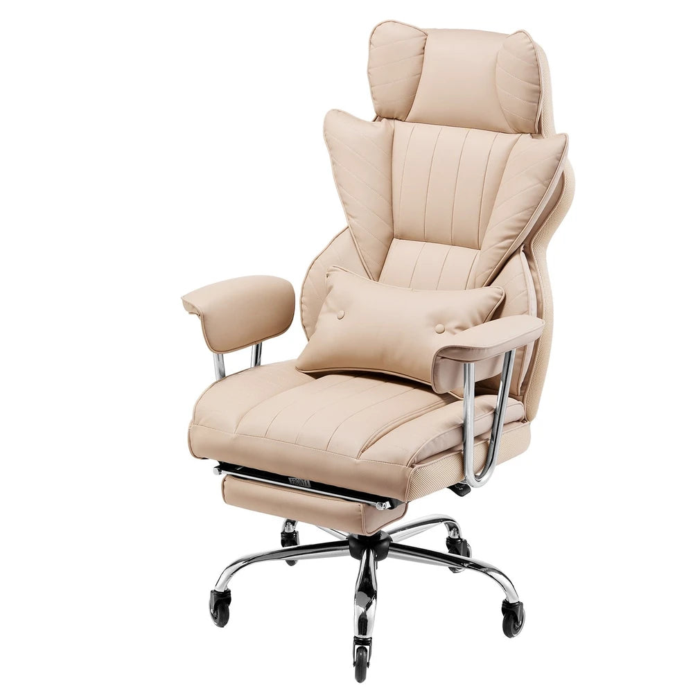 Executive Office Chair With Footrest, 400 Lbs Capacity With Heavy Duty PU Leather Wide Office Chair, Big And Tall Reclining Office Chairs With Lumbar Support, Strong Metal Base Quiet Wheels, Khaki