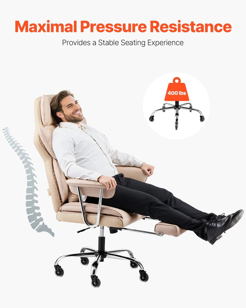 Executive Office Chair With Footrest, 400 Lbs Capacity With Heavy Duty PU Leather Wide Office Chair, Big And Tall Reclining Office Chairs With Lumbar Support, Strong Metal Base Quiet Wheels, Khaki