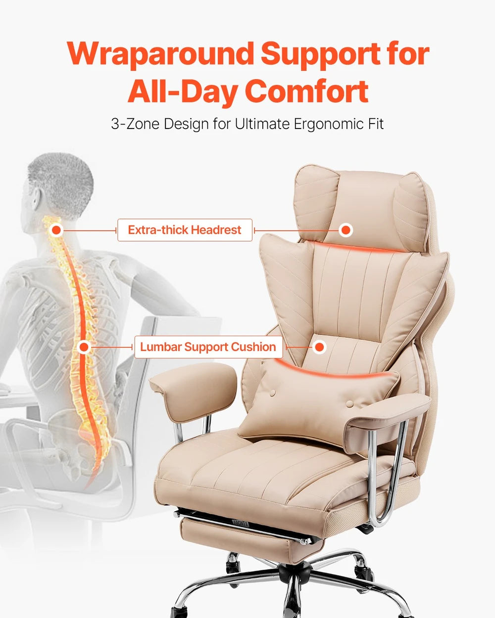 Executive Office Chair With Footrest, 400 Lbs Capacity With Heavy Duty PU Leather Wide Office Chair, Big And Tall Reclining Office Chairs With Lumbar Support, Strong Metal Base Quiet Wheels, Khaki