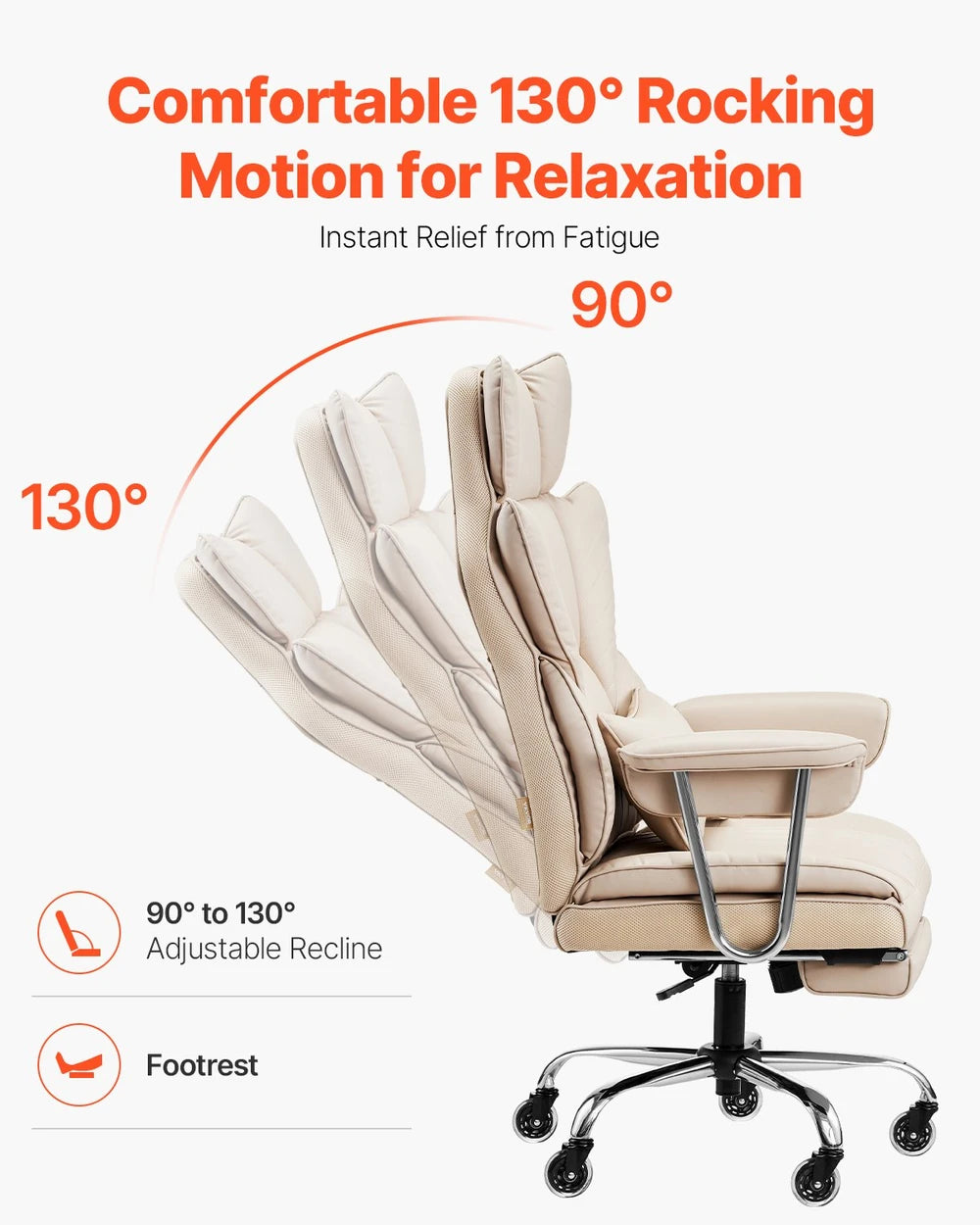 Executive Office Chair With Footrest, 400 Lbs Capacity With Heavy Duty PU Leather Wide Office Chair, Big And Tall Reclining Office Chairs With Lumbar Support, Strong Metal Base Quiet Wheels, Khaki