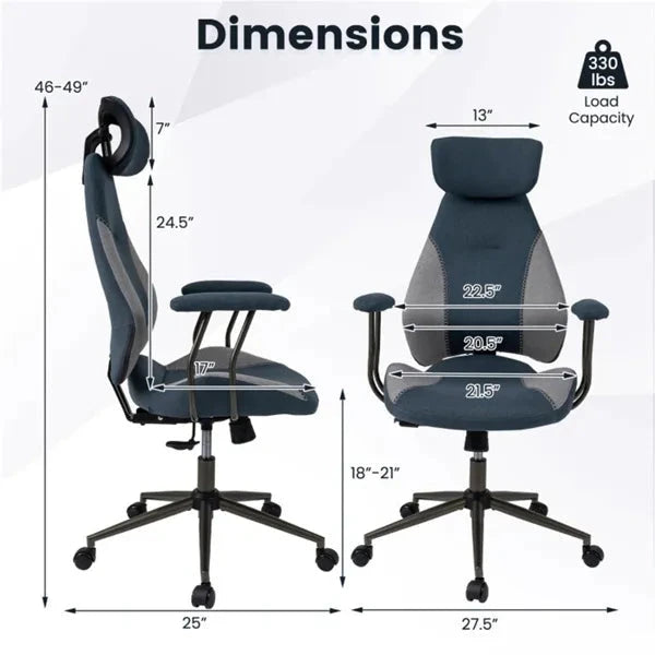 Gray Blue Color Blocking Office Chair With 2D Adjustable Headrest, Ergonomic High-Back Desk Chair 330 Lbs Capacity