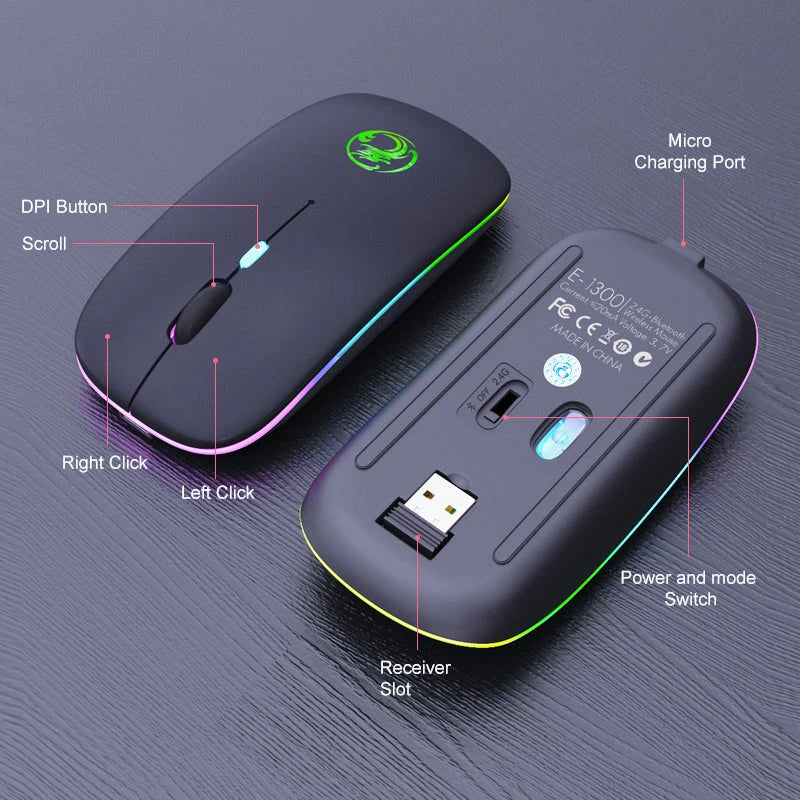 Rechargeable Bluetooth Dual-Mode Wireless Silent Mouse – Black, Dual mode light emission