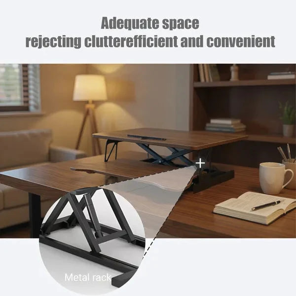 32 Inch Desk Converter, Height Adjustable Sit To Stand Riser, Dual Monitor And Laptop Workstation With Wide Keyboard Tray, Walnut Color