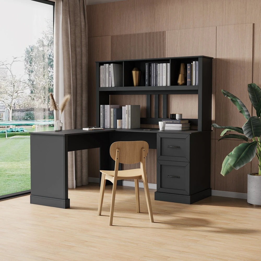 Home Office Computer Desk With Hutch, Antiqued Black Finish – Black