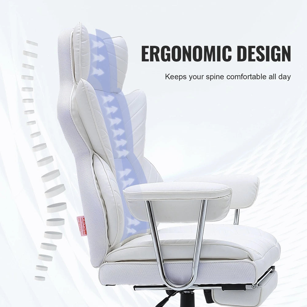 Reclining Office Chair With Footrest, Heavy Duty PU Leather Wide Office Chair, Big And Tall Executive Office Chairs With Lumbar Support, Strong Metal Base Quiet Wheels, White