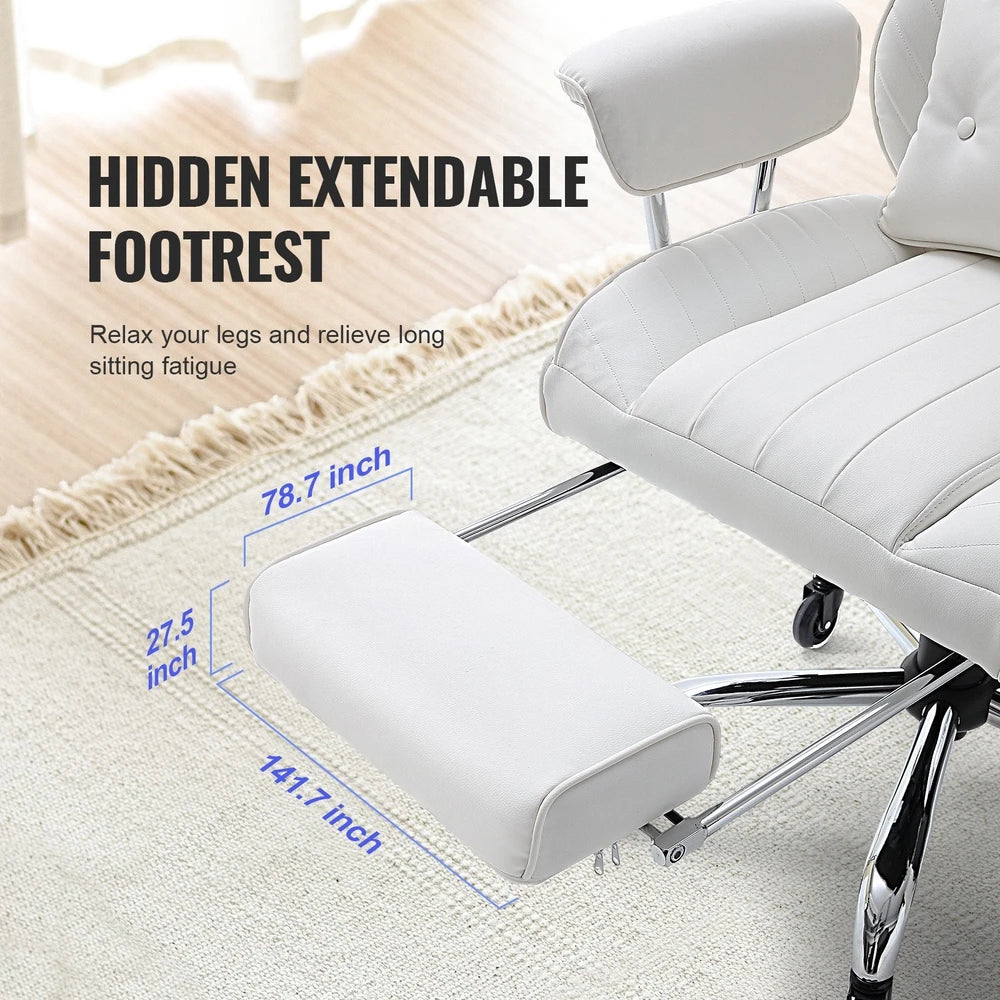 Reclining Office Chair With Footrest, Heavy Duty PU Leather Wide Office Chair, Big And Tall Executive Office Chairs With Lumbar Support, Strong Metal Base Quiet Wheels, White