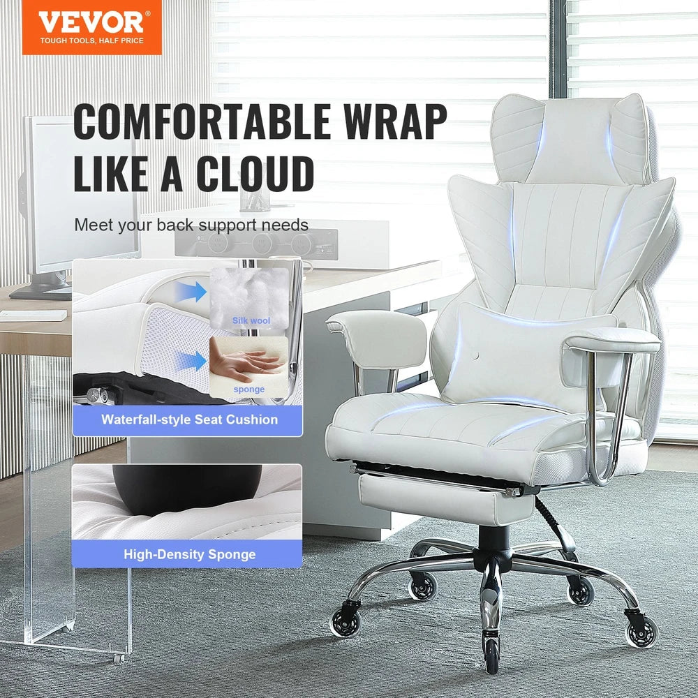 Reclining Office Chair With Footrest, Heavy Duty PU Leather Wide Office Chair, Big And Tall Executive Office Chairs With Lumbar Support, Strong Metal Base Quiet Wheels, White