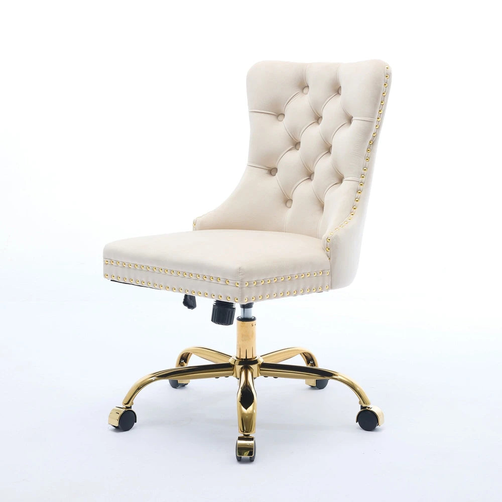 Modern Velvet Tufted Office Chair – Gold Base Swivel – Beige – alternate product view