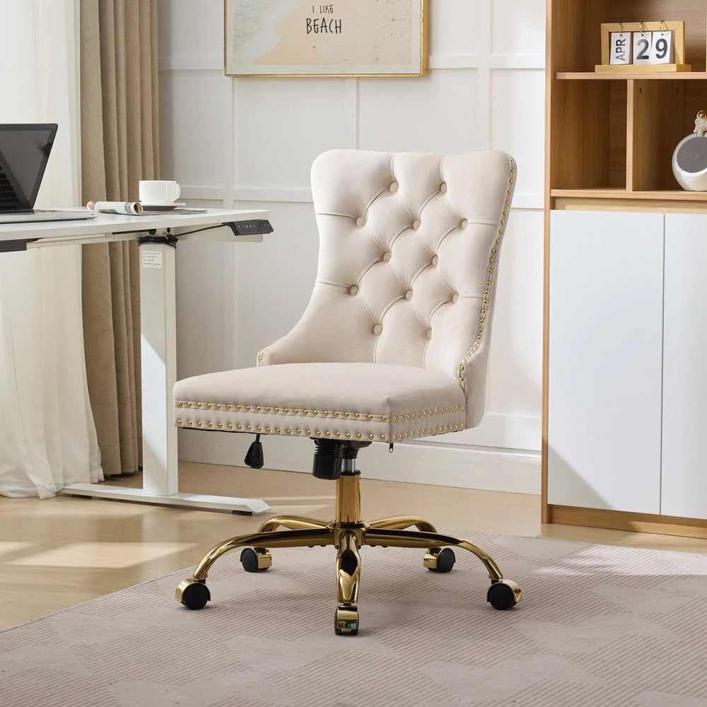 Modern Velvet Tufted Office Chair – Gold Base Swivel – Beige – Beige