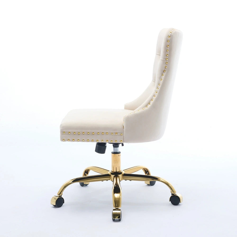 Modern Velvet Tufted Office Chair – Gold Base Swivel – Beige – alternate product view