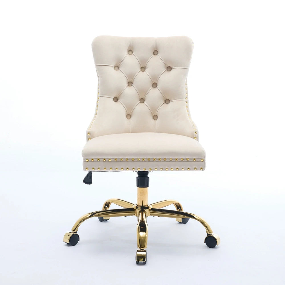 Modern Velvet Tufted Office Chair – Gold Base Swivel – Beige – alternate product view