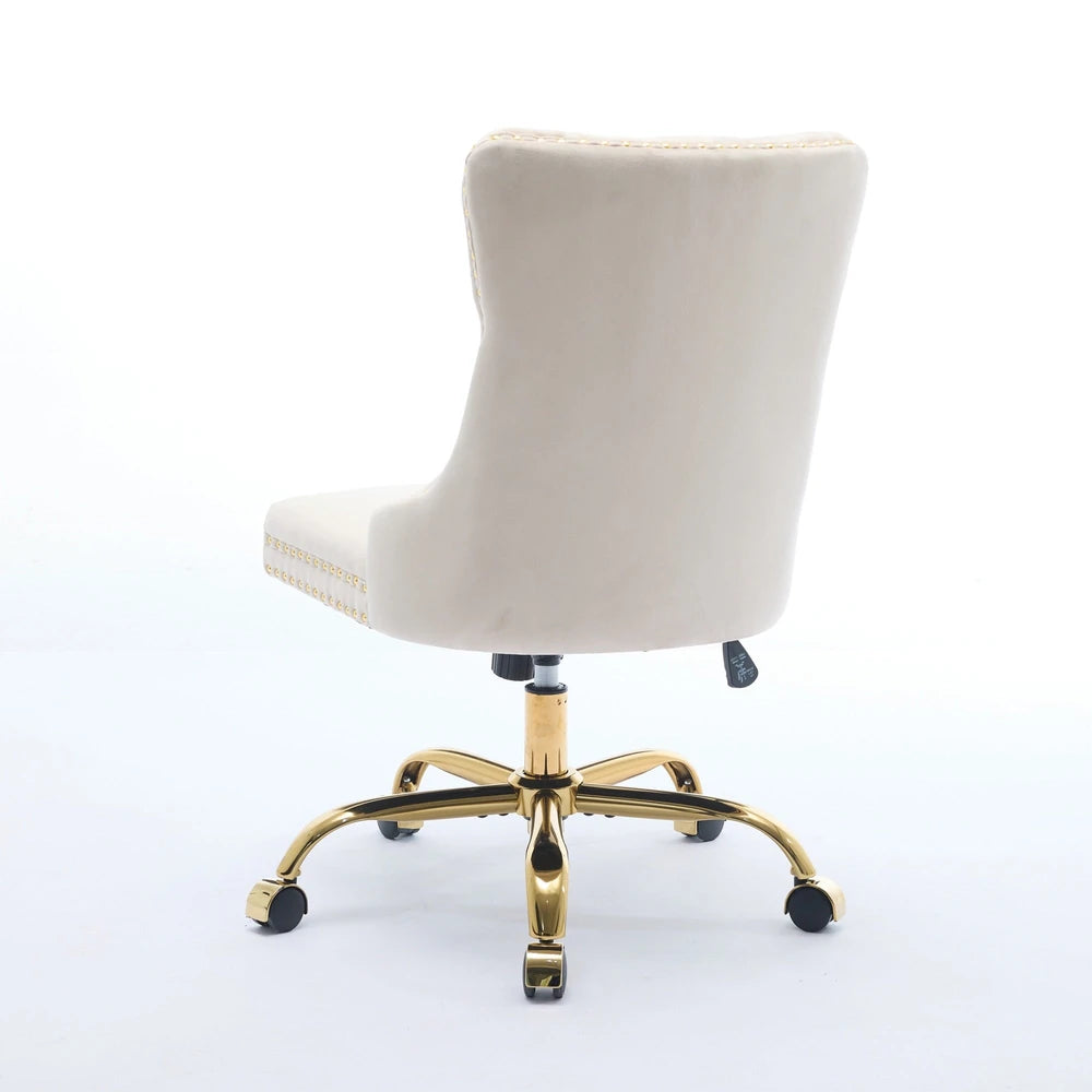 Modern Velvet Tufted Office Chair – Gold Base Swivel – Beige – alternate product view