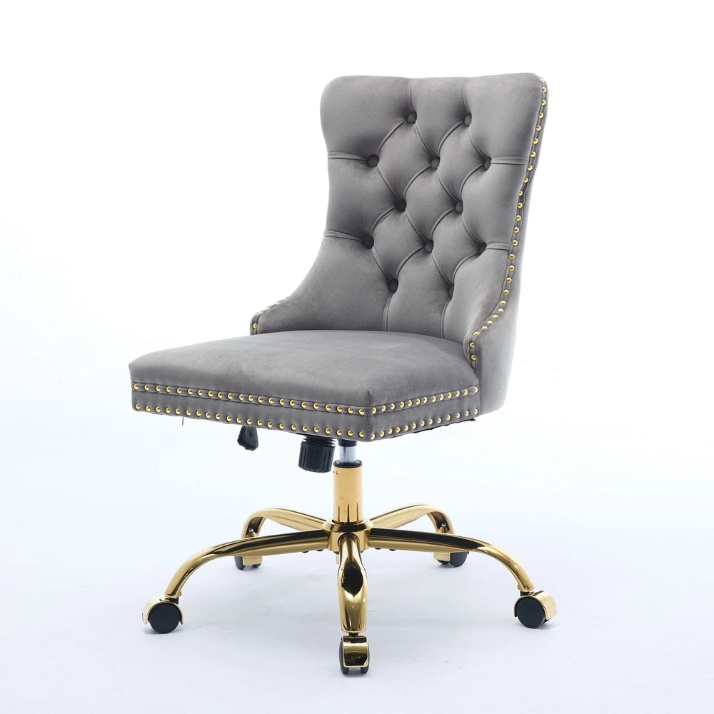 A&A Furniture Office Chair,Modern Velvet Upholstered Tufted Button Home Office Chair With Golden Metal Base,Adjustable Desk Chair Swivel Office Chair Gray