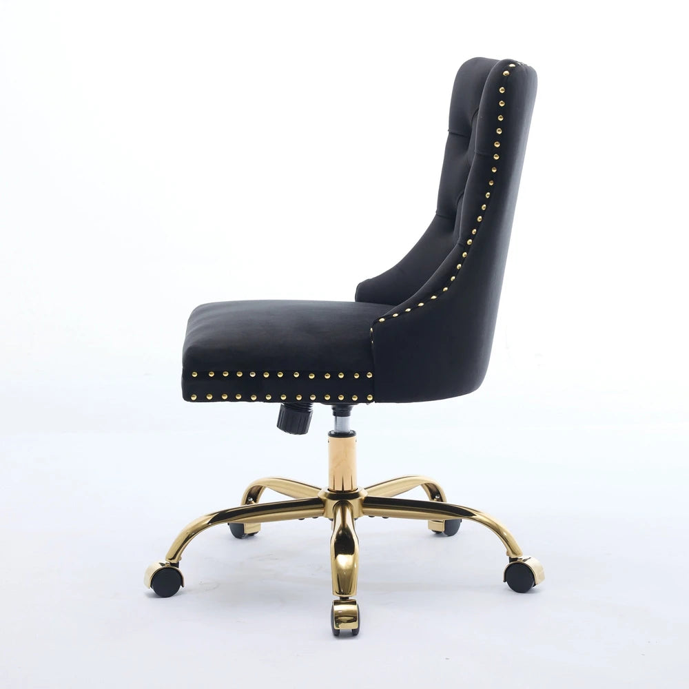 Modern Velvet Tufted Office Chair – Gold Base Swivel – Black – alternate product view