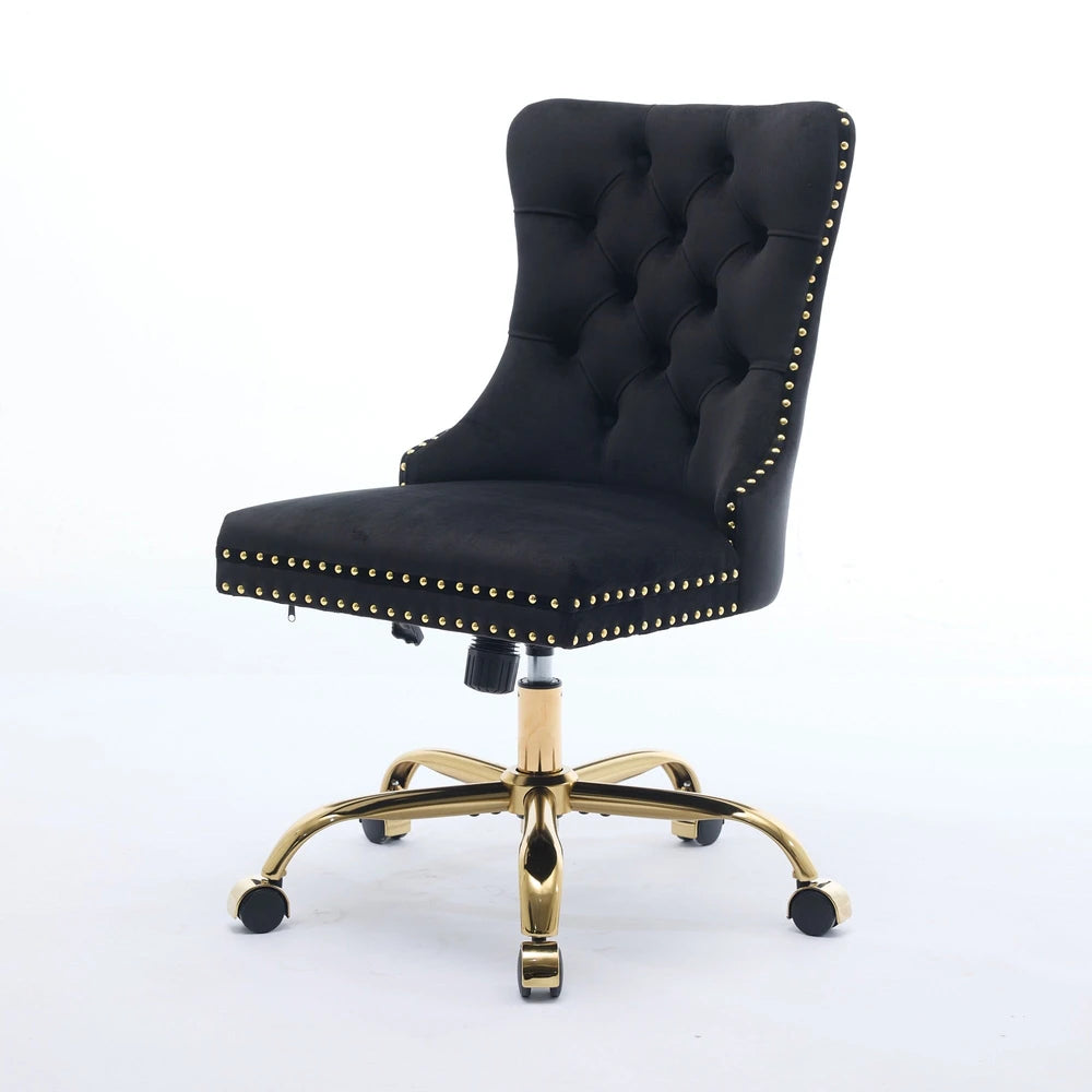 Modern Velvet Tufted Office Chair – Gold Base Swivel – Black – alternate product view