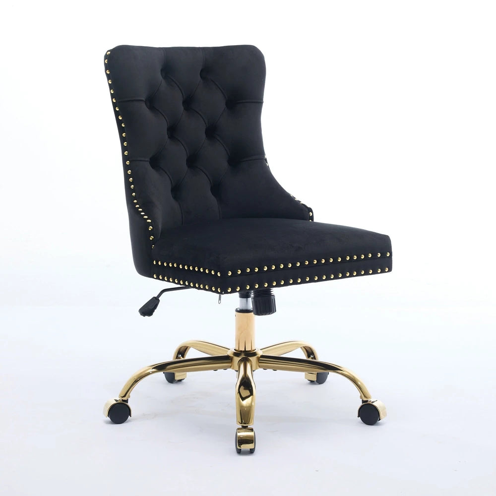 Modern Velvet Tufted Office Chair – Gold Base Swivel – Black – alternate product view