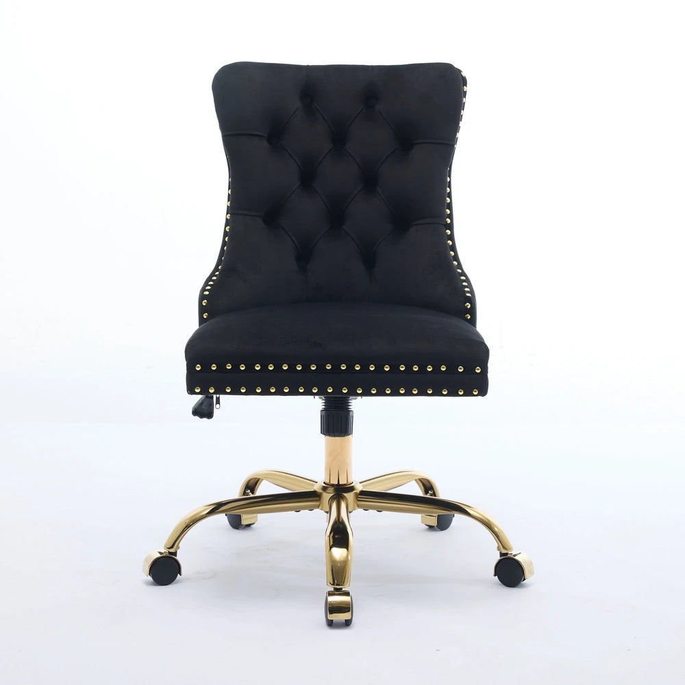 A&A Furniture Office Chair,Modern Velvet Upholstered Tufted Button Home Office Chair With Golden Metal Base,Adjustable Desk Chair Swivel Office Chair Black