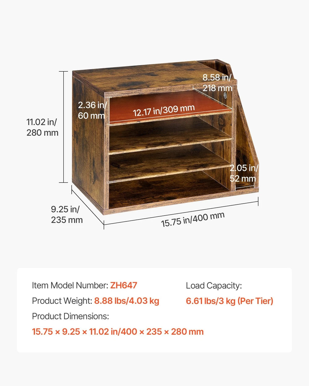Literature Organizer, 4 Compartments Office Mailbox With Detachable Shelves, Wooden Mailbox Sorter With Side Vertical Storage, Countertop Office Home Organizer For File, Document, Paper, Brown