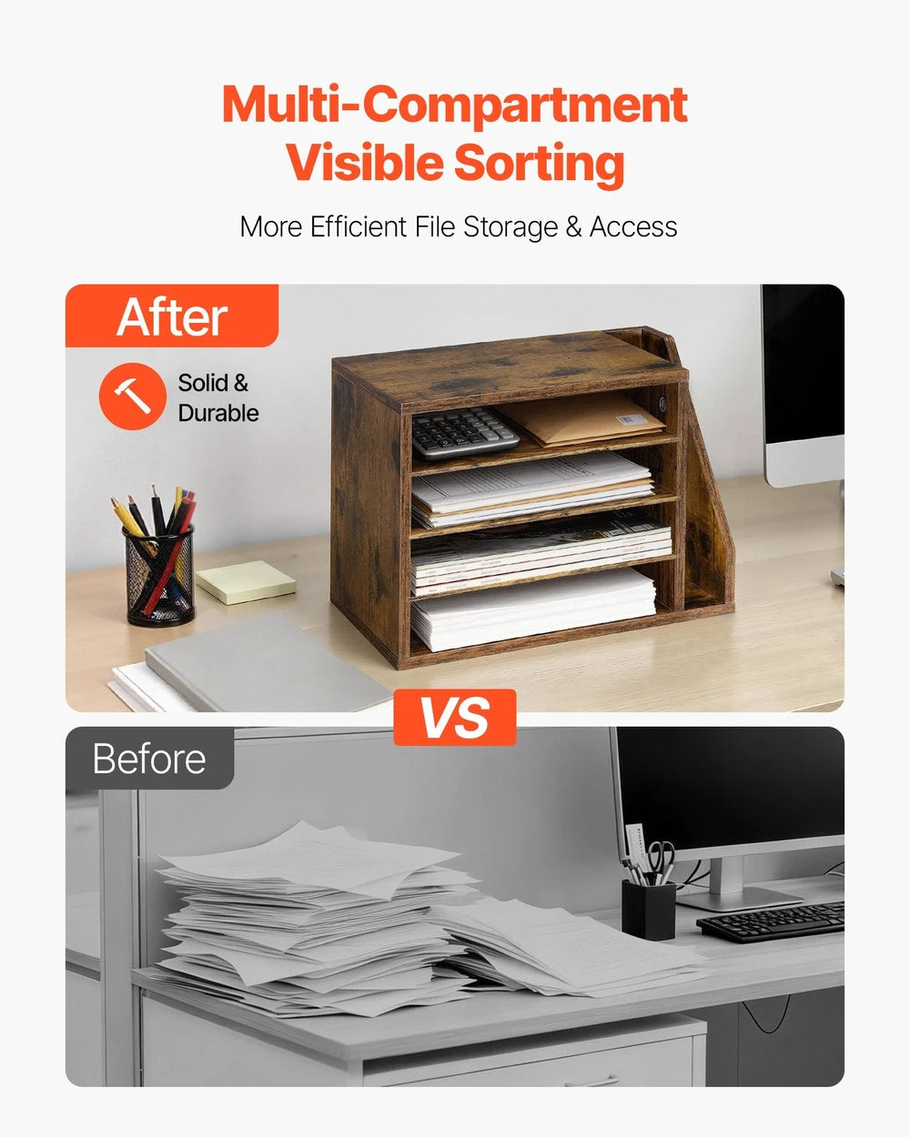 Literature Organizer, 4 Compartments Office Mailbox With Detachable Shelves, Wooden Mailbox Sorter With Side Vertical Storage, Countertop Office Home Organizer For File, Document, Paper, Brown
