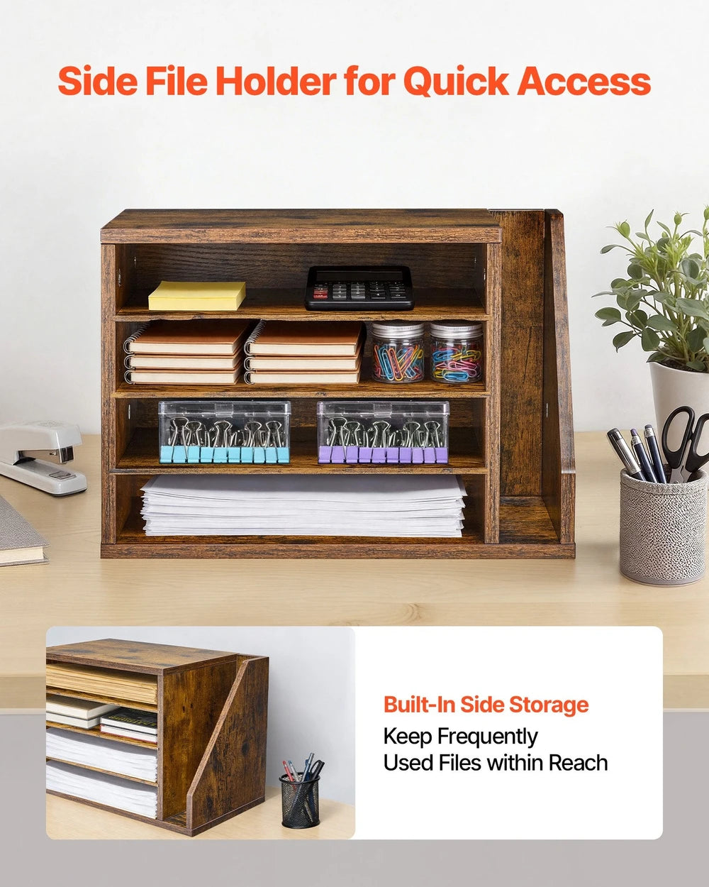 Literature Organizer, 4 Compartments Office Mailbox With Detachable Shelves, Wooden Mailbox Sorter With Side Vertical Storage, Countertop Office Home Organizer For File, Document, Paper, Brown