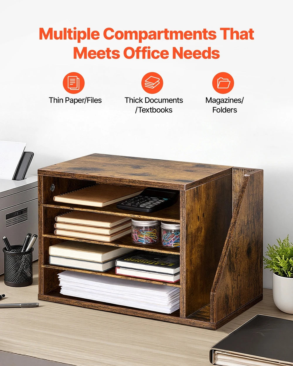 Literature Organizer, 4 Compartments Office Mailbox With Detachable Shelves, Wooden Mailbox Sorter With Side Vertical Storage, Countertop Office Home Organizer For File, Document, Paper, Brown