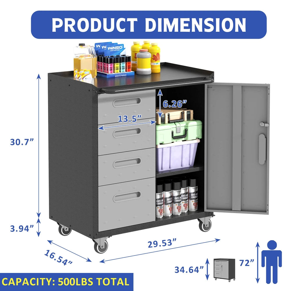 Sturdy Metal Tool Storage Cabinet With Wheels - Tool Storage Cabinet For Garage, Office, And Home Organizer Solutions, Black Gray