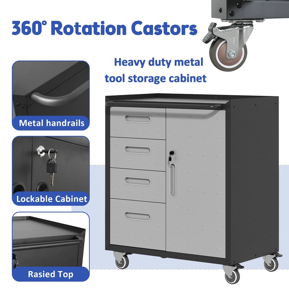 Sturdy Metal Tool Storage Cabinet With Wheels - Tool Storage Cabinet For Garage, Office, And Home Organizer Solutions, Black Gray