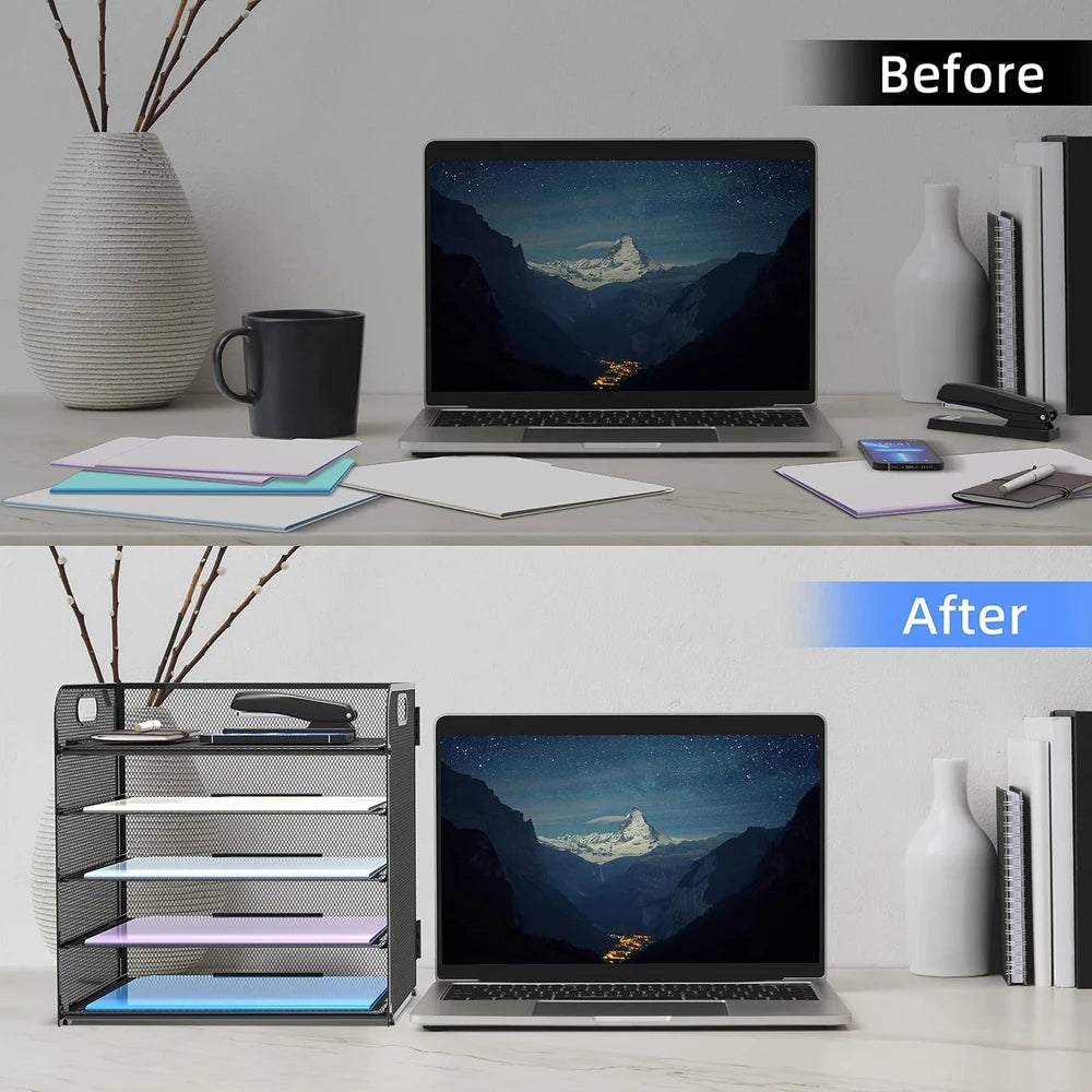 5 Tier Paper Organizer Letter Tray With Handles, Mesh Desk File Holder And Paper Sorter For Office, Home, Classroom & School