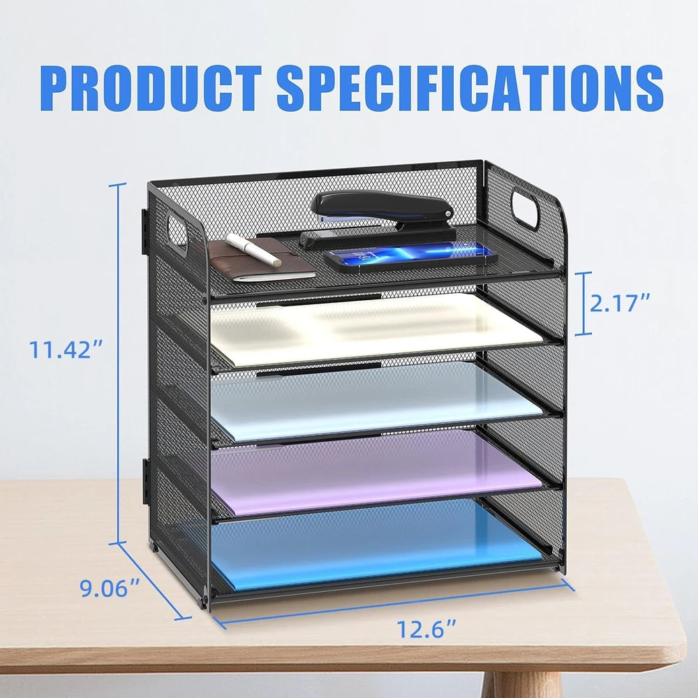 5 Tier Paper Organizer Letter Tray With Handles, Mesh Desk File Holder And Paper Sorter For Office, Home, Classroom & School