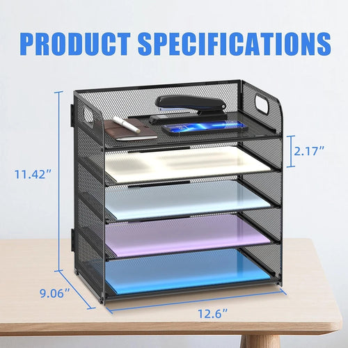 5 Tier Paper Organizer Letter Tray With Handles, Mesh Desk File Holder And Paper Sorter For Office, Home, Classroom & School