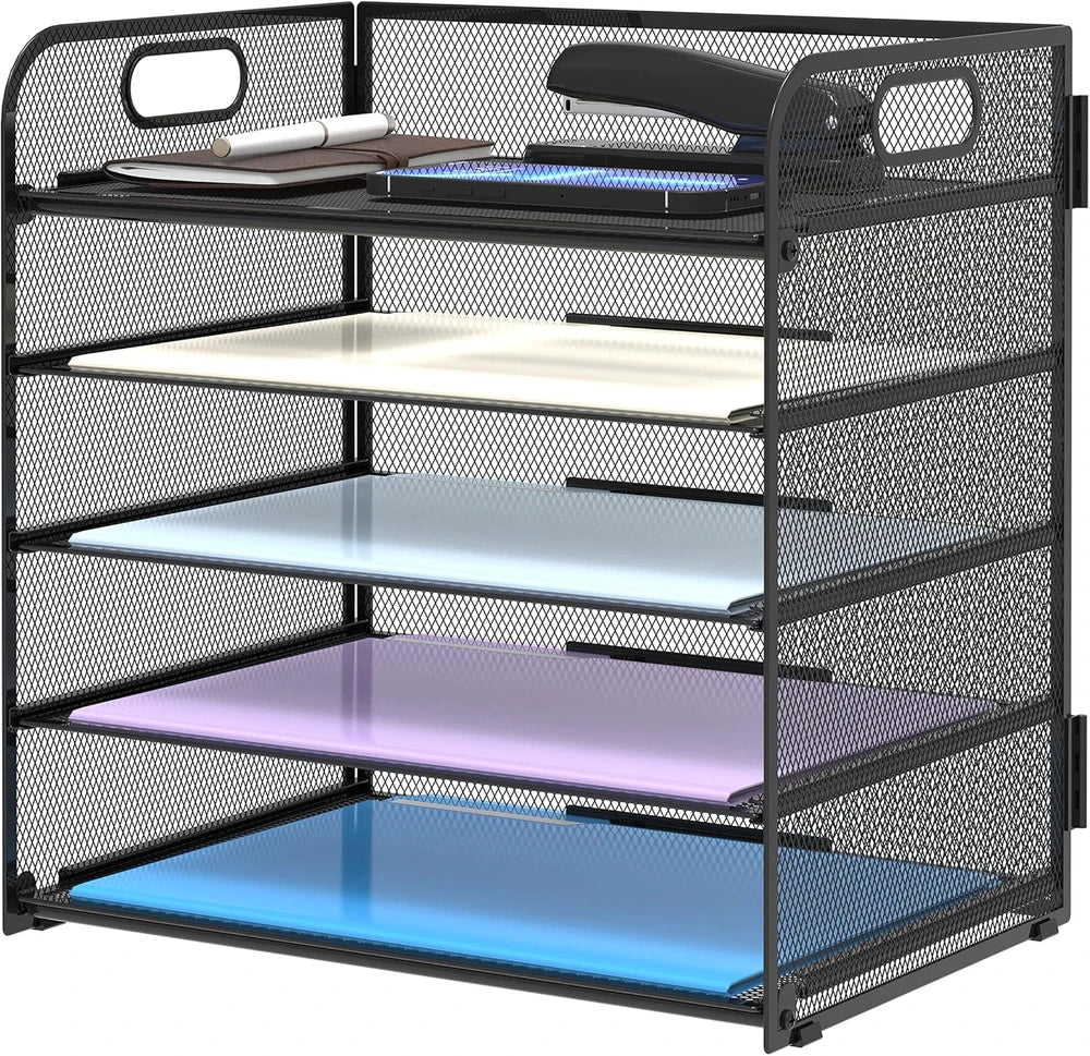 5 Tier Paper Organizer Letter Tray With Handles, Mesh Desk File Holder And Paper Sorter For Office, Home, Classroom & School
