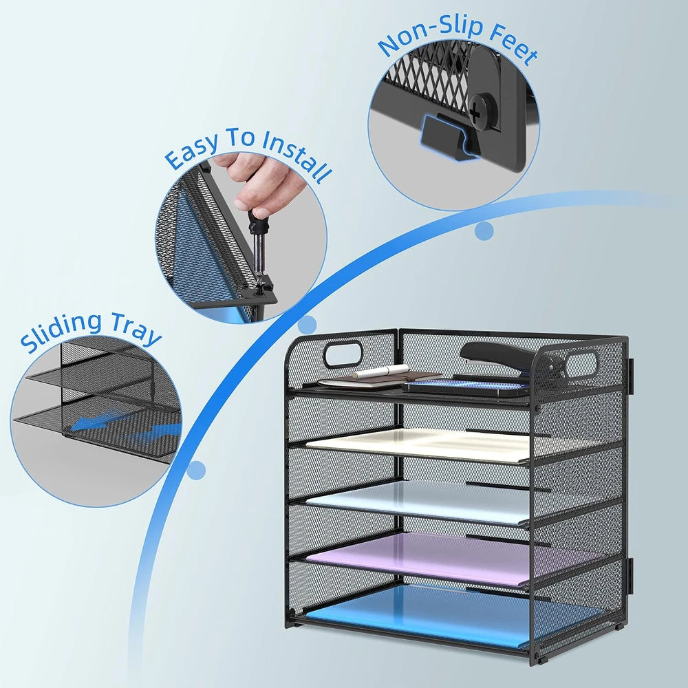 5 Tier Paper Organizer Letter Tray With Handles, Mesh Desk File Holder And Paper Sorter For Office, Home, Classroom & School
