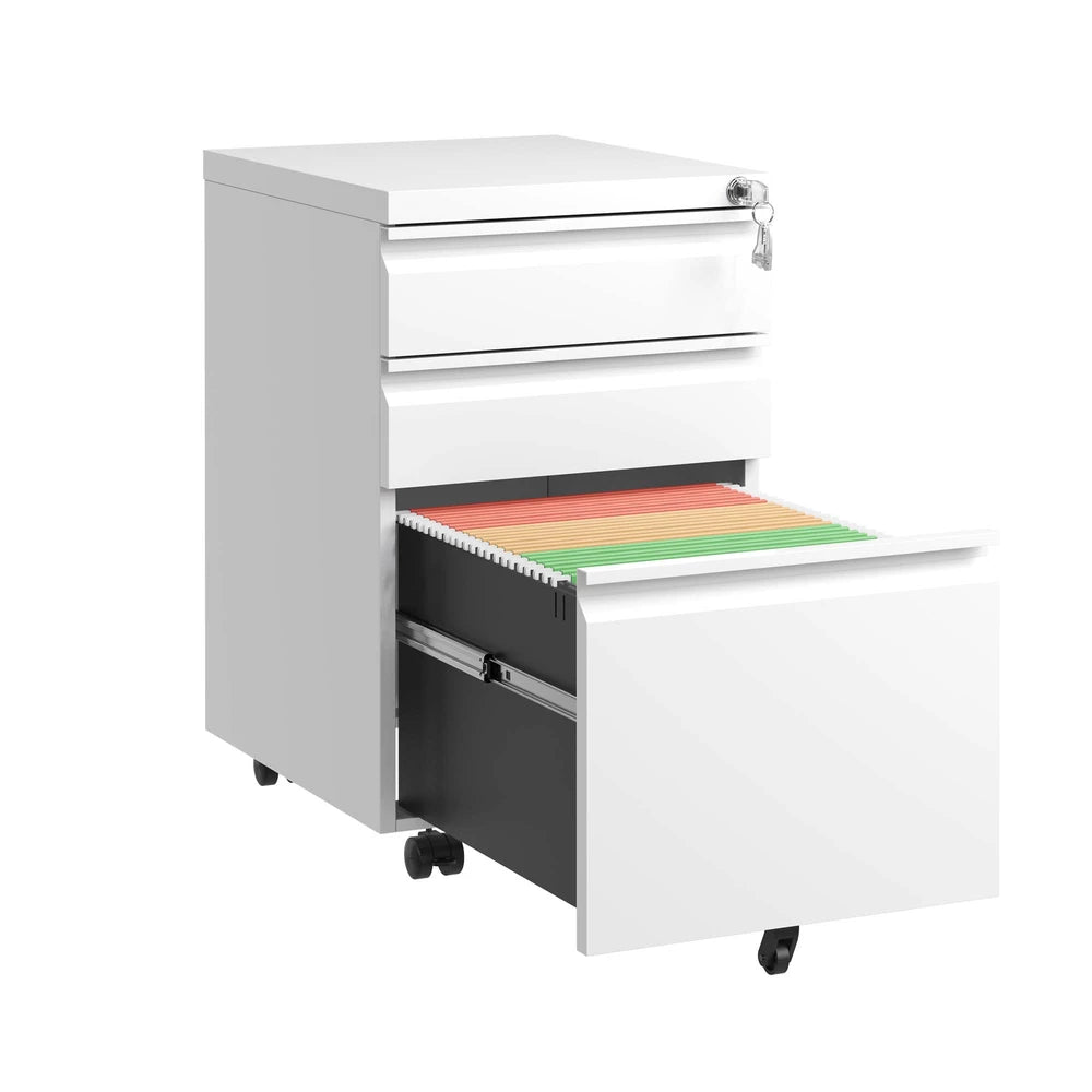 3 Drawer Mobile File Cabinet With Lock,Metal Filing Cabinets For Home Office Organizer Letters Legal A4,Fully Assembled Except Wheels,White