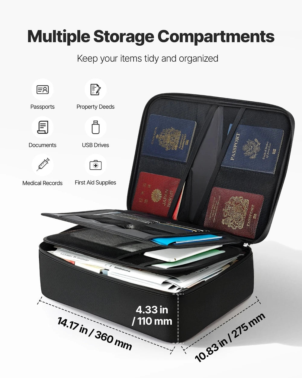 Fireproof Document Box, 1832 ℉ Heat Insulated Fireproof & Waterproof Box With Lock, Portable Multi-Layer Home Office Travel File Storage Organizer, For Passports, Important Documents, Files