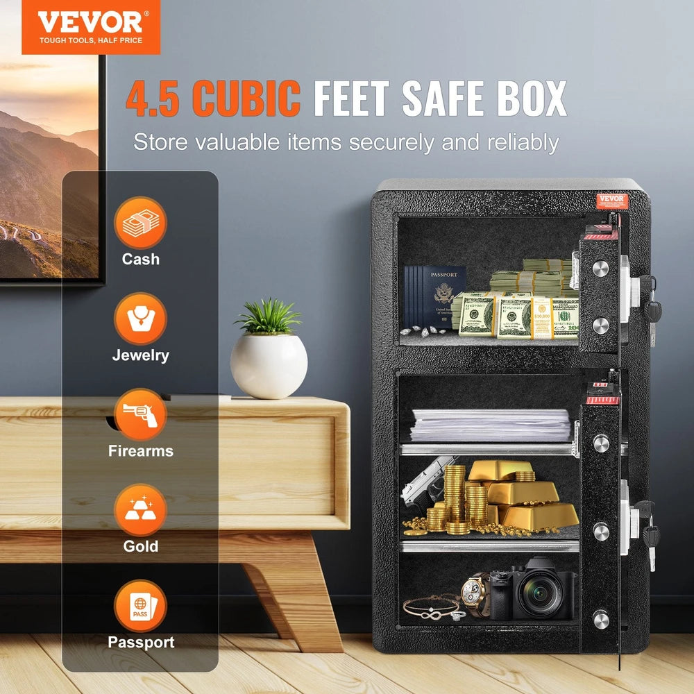 Double Doors 4.5 Cu Ft Safe Box With Key Lock  Password Safe Lock Box With Fireproof Bag, Key Rack, LED Light And 2 Height Adjustable And Removable Divider For Money, Documents, Jewelry And