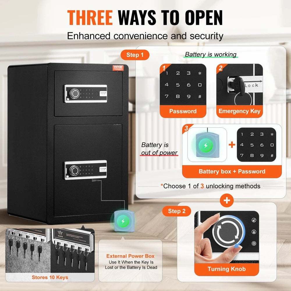 Double Doors 4.5 Cu Ft Safe Box With Key Lock  Password Safe Lock Box With Fireproof Bag, Key Rack, LED Light And 2 Height Adjustable And Removable Divider For Money, Documents, Jewelry And