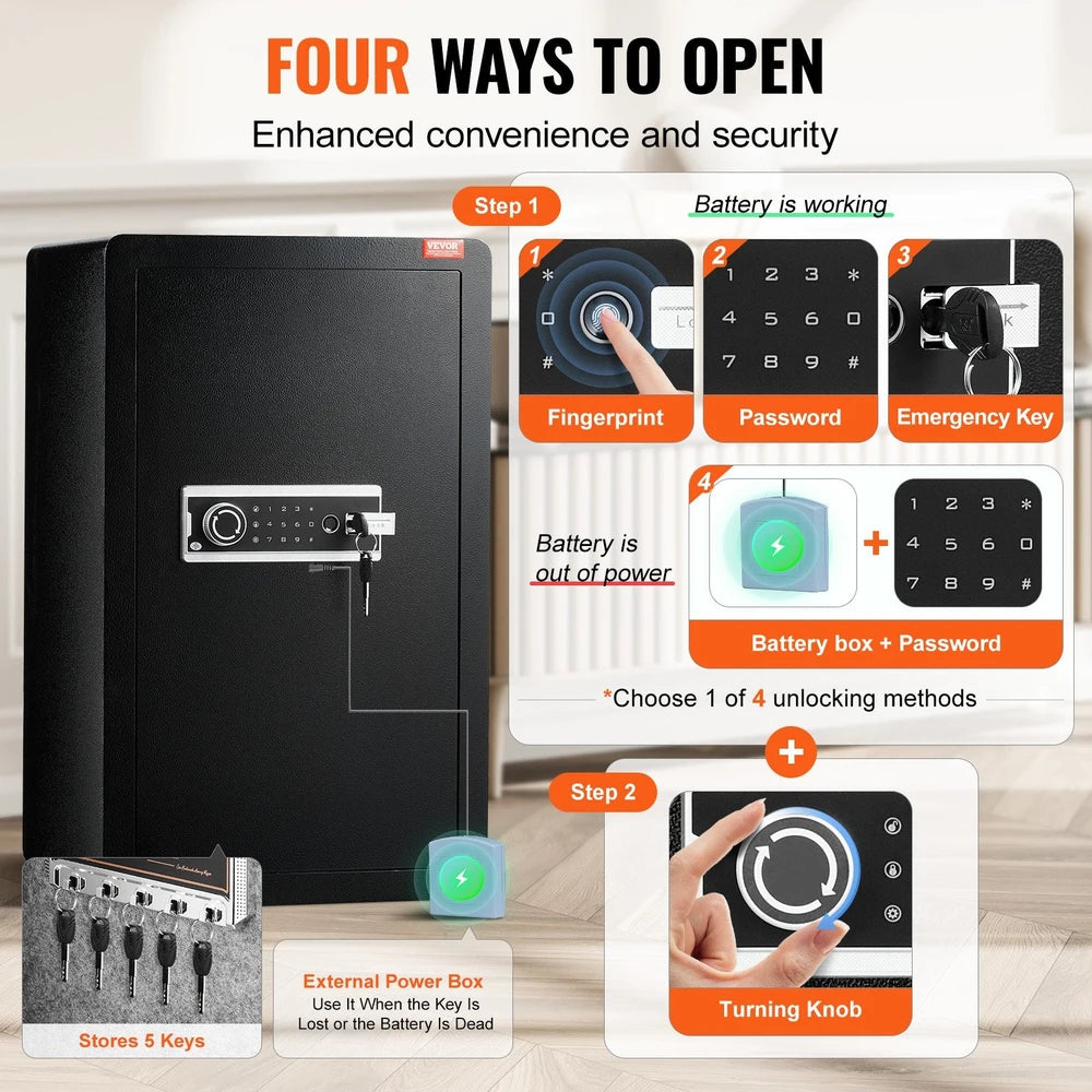 Single Door 4.0 Cu.ft Safe Box With Key Lock, Password & Fingerprint, Safe Lock Box With Fireproof Bag, Key Rack, LED Light, And 2 Shelves For Money, Documents, Jewelry, And Valuables, Black