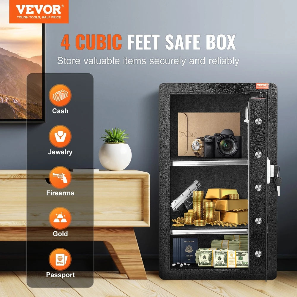 Single Door 4.0 Cu.ft Safe Box With Key Lock, Password & Fingerprint, Safe Lock Box With Fireproof Bag, Key Rack, LED Light, And 2 Shelves For Money, Documents, Jewelry, And Valuables, Black