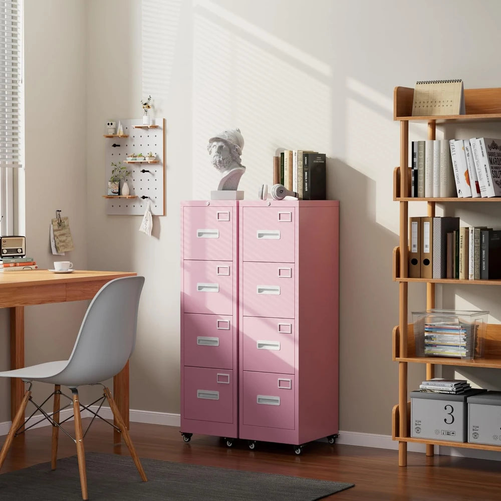 Aobabo 4 Drawer Moblie Office File Cabinet With Lock, Rolling Metal Filing Storage Cabinet, Legal Letter A4 Sizel, Pink, Assembly Required