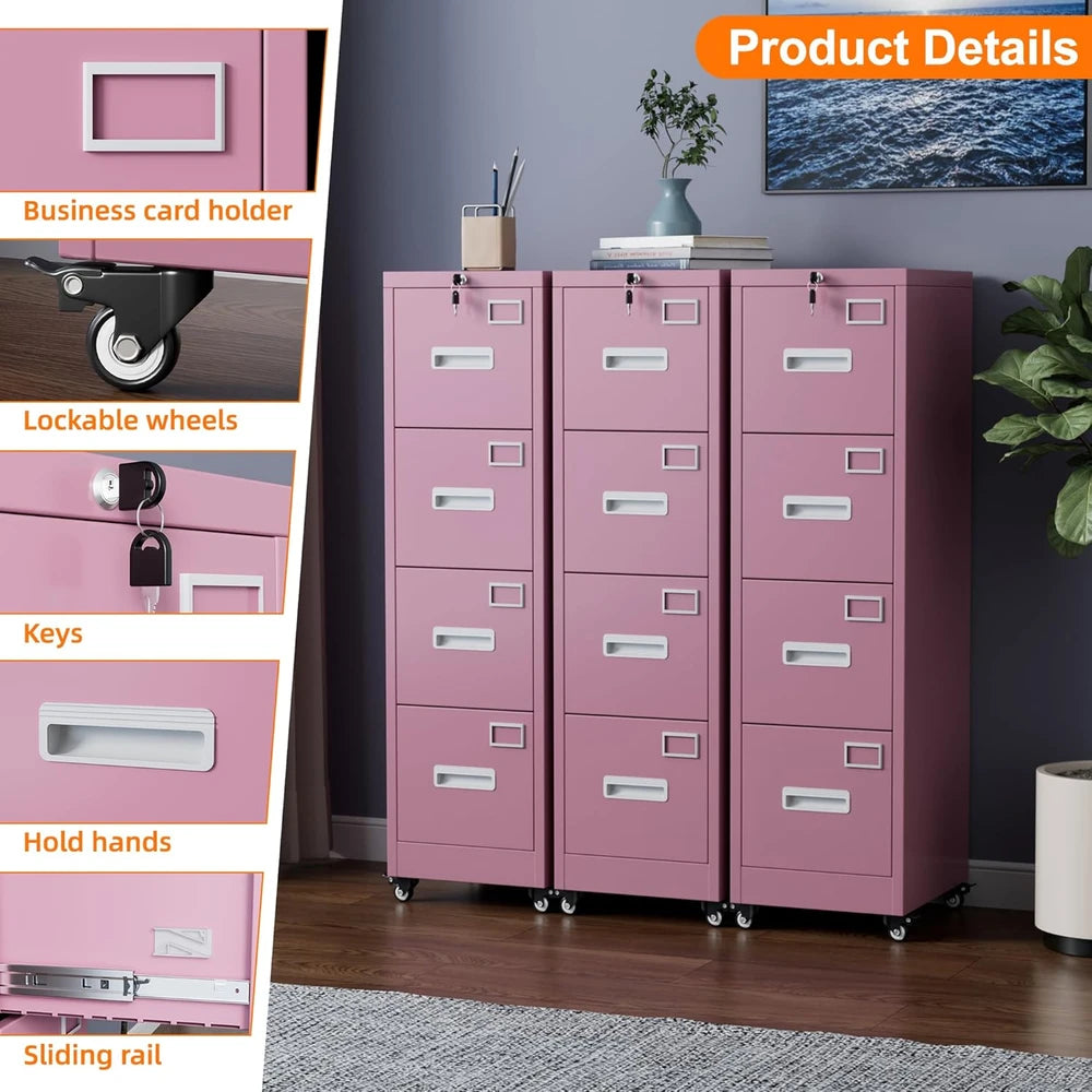 4-Drawer Rolling Metal File Cabinet with Lock – Pink – alternate product view