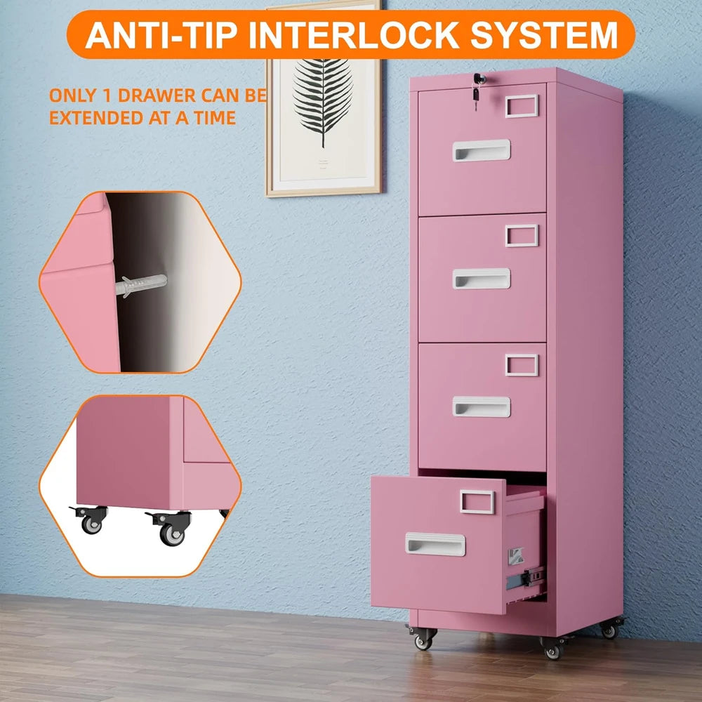 Aobabo 4 Drawer Moblie Office File Cabinet With Lock, Rolling Metal Filing Storage Cabinet, Legal Letter A4 Sizel, Pink, Assembly Required