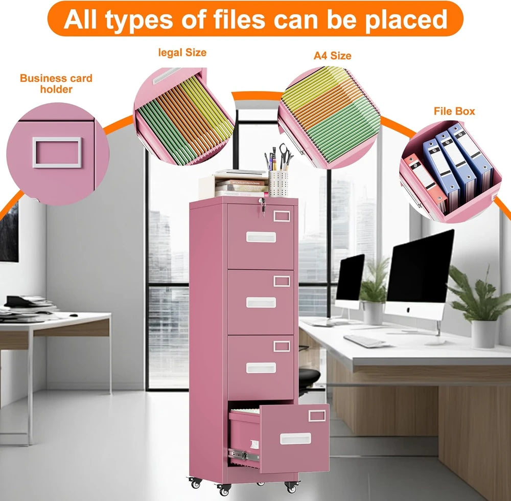 Aobabo 4 Drawer Moblie Office File Cabinet With Lock, Rolling Metal Filing Storage Cabinet, Legal Letter A4 Sizel, Pink, Assembly Required