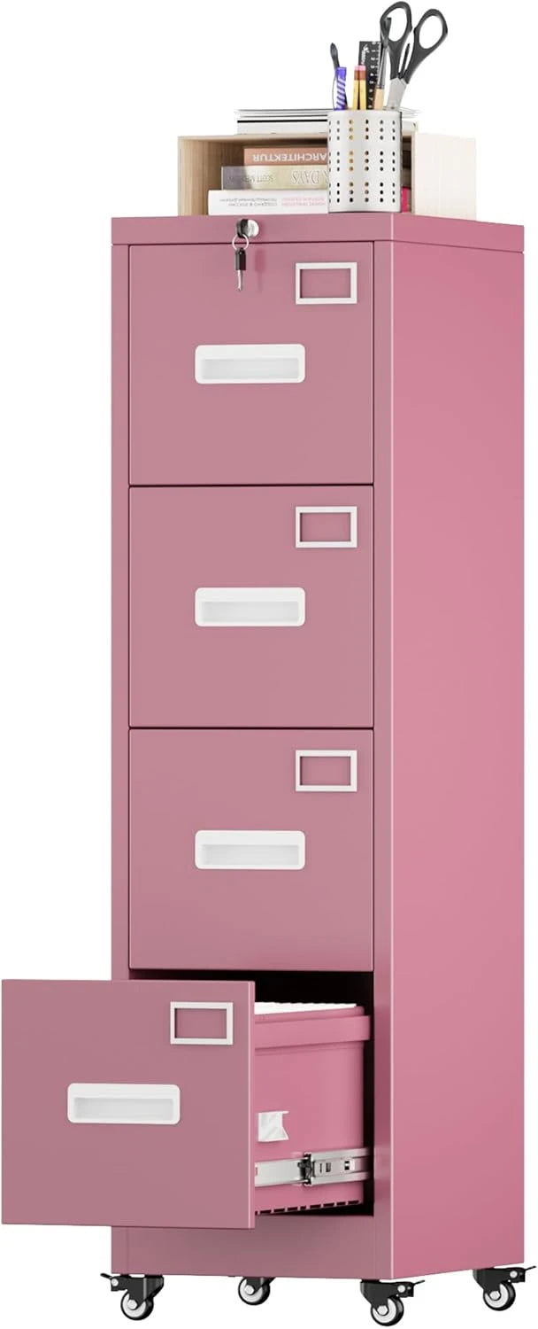 Aobabo 4 Drawer Moblie Office File Cabinet With Lock, Rolling Metal Filing Storage Cabinet, Legal Letter A4 Sizel, Pink, Assembly Required