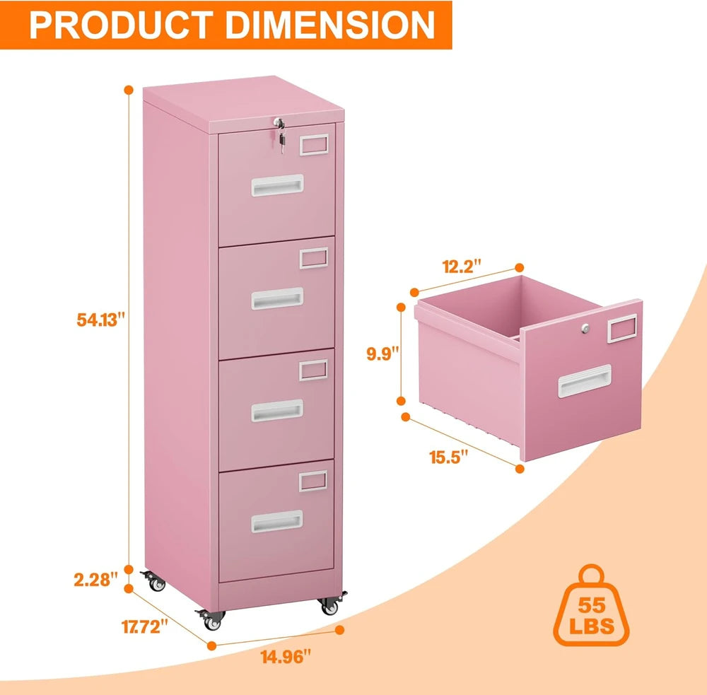 Aobabo 4 Drawer Moblie Office File Cabinet With Lock, Rolling Metal Filing Storage Cabinet, Legal Letter A4 Sizel, Pink, Assembly Required