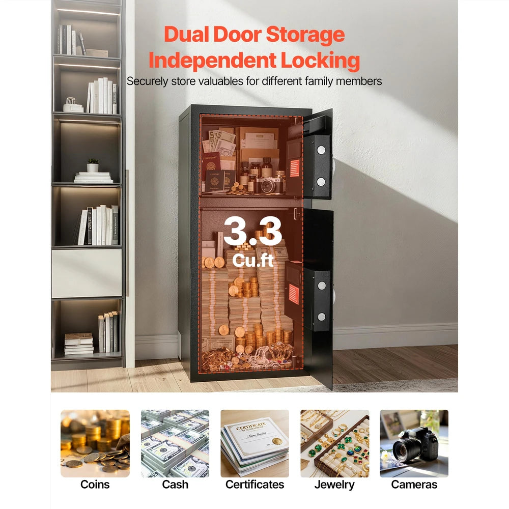 Double Door Safe Box, 3.3 Cu. Ft, Heavy Duty Home Safe With Electronic Keypad, Anti-Theft, Digital Safety Lock Box With Key, Drop Slot, For Money, Firearm, Jewelry, Document, Valuables, Black