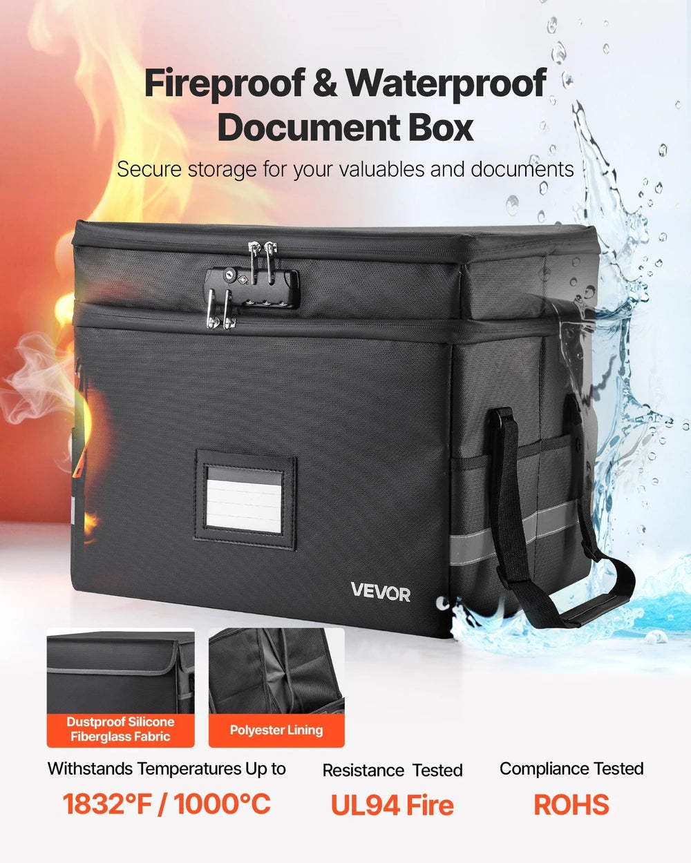 Fireproof Document Box, 1832 ℉ Heat Insulated Fireproof & Waterproof Box With Lock, Portable Two-Layer File Storage Organizer Home Office Travel Use, For Passports, Important Documents, Files