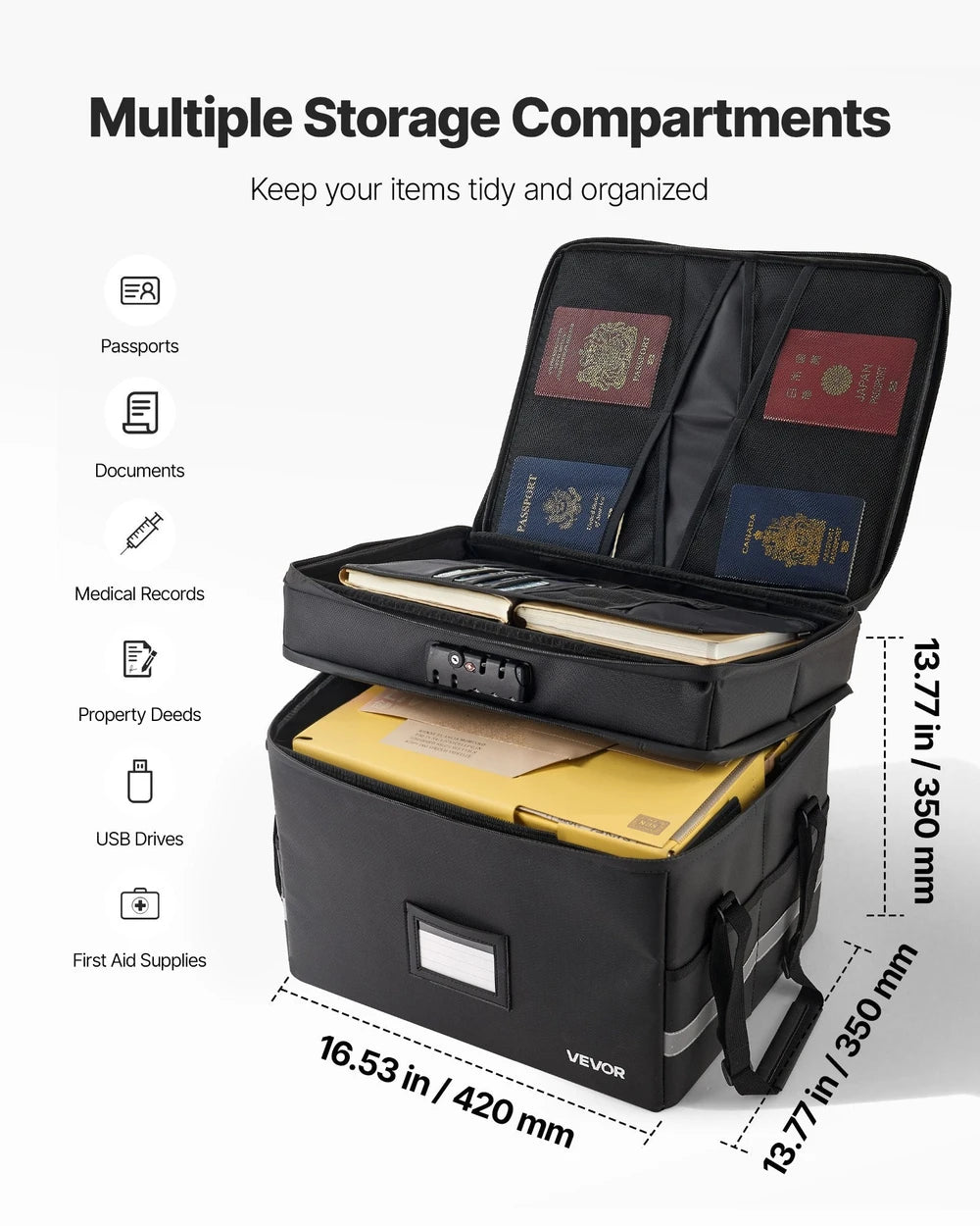 Fireproof Document Box, 1832 ℉ Heat Insulated Fireproof & Waterproof Box With Lock, Portable Two-Layer File Storage Organizer Home Office Travel Use, For Passports, Important Documents, Files